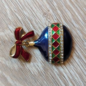 Holiday blue, red, and green Christmas ornament enamel and rhinestone brooch